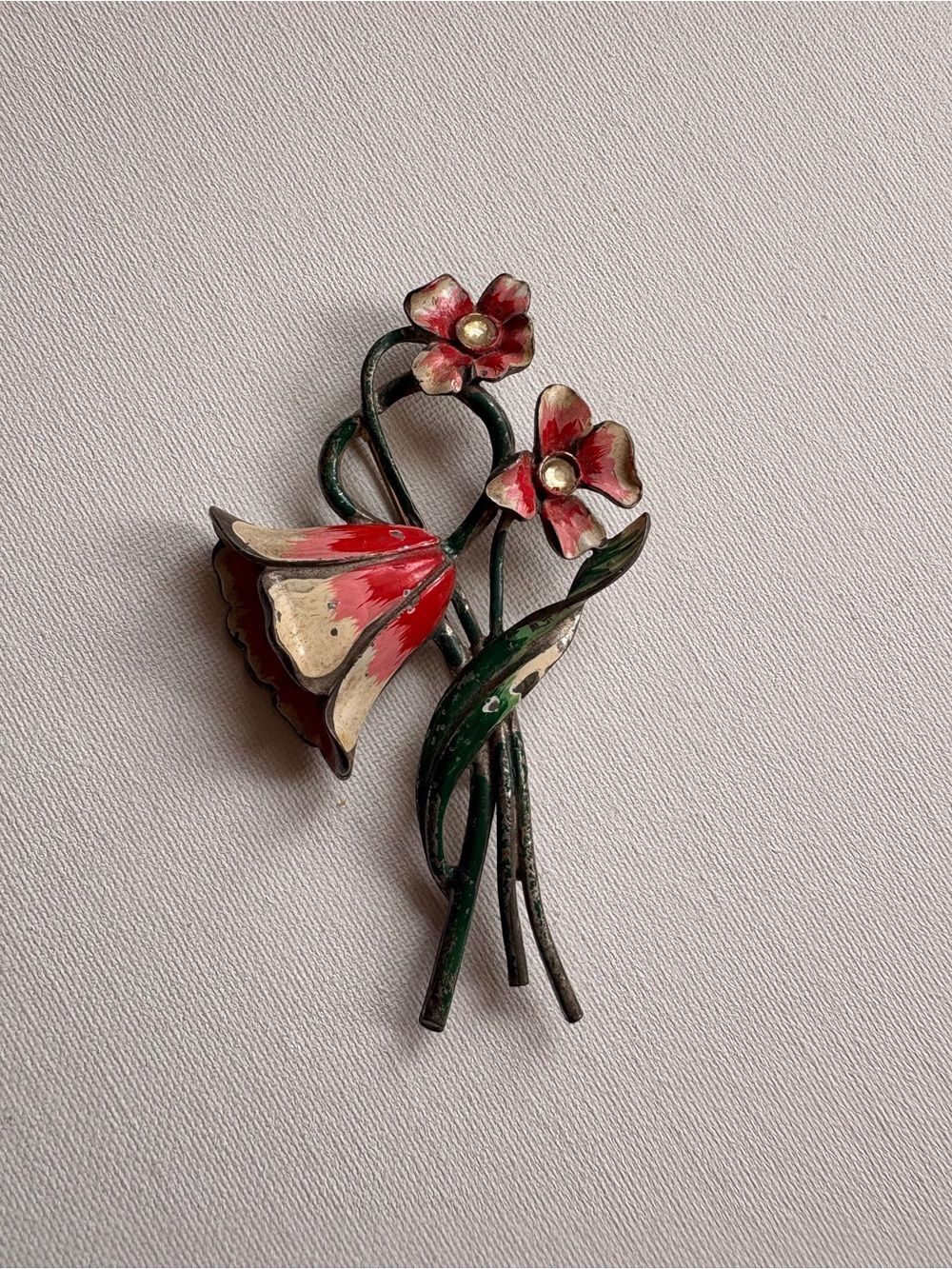 Vintage Floral Enamel Bouquet Brooch Red Green Flower Pin Retro Statement Pin